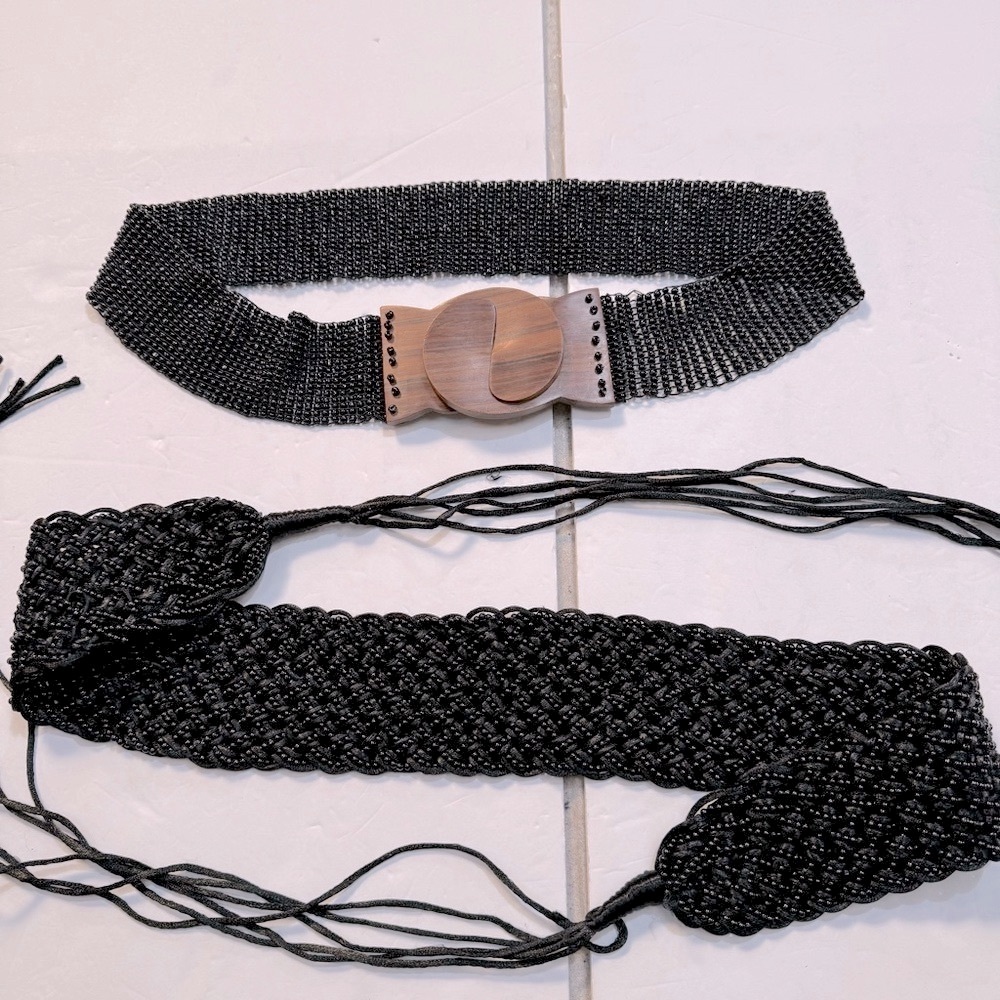 2pc vintage beaded belts black Boho wood buckle fringe tie